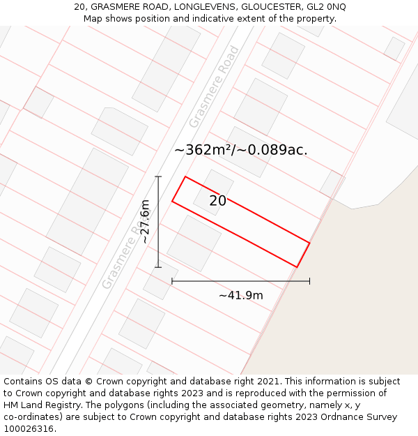 20, GRASMERE ROAD, LONGLEVENS, GLOUCESTER, GL2 0NQ: Plot and title map