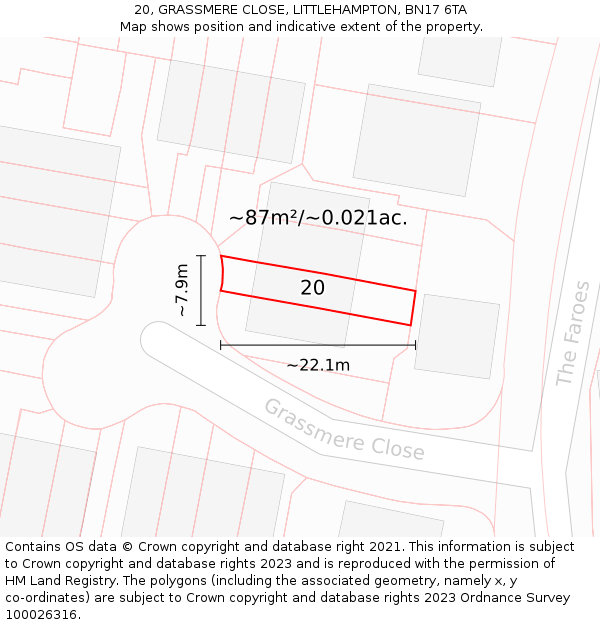 20, GRASSMERE CLOSE, LITTLEHAMPTON, BN17 6TA: Plot and title map