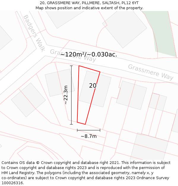 20, GRASSMERE WAY, PILLMERE, SALTASH, PL12 6YT: Plot and title map