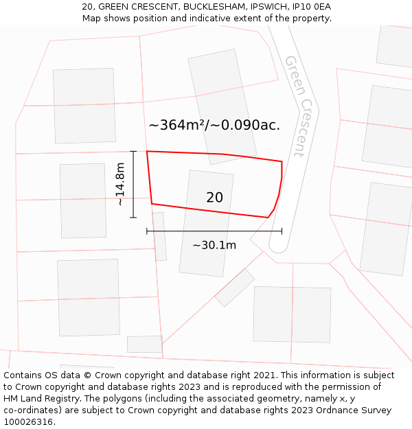 20, GREEN CRESCENT, BUCKLESHAM, IPSWICH, IP10 0EA: Plot and title map