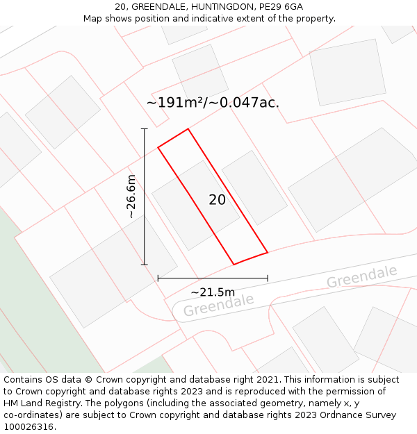 20, GREENDALE, HUNTINGDON, PE29 6GA: Plot and title map