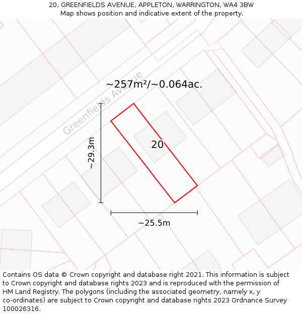 20, GREENFIELDS AVENUE, APPLETON, WARRINGTON, WA4 3BW: Plot and title map