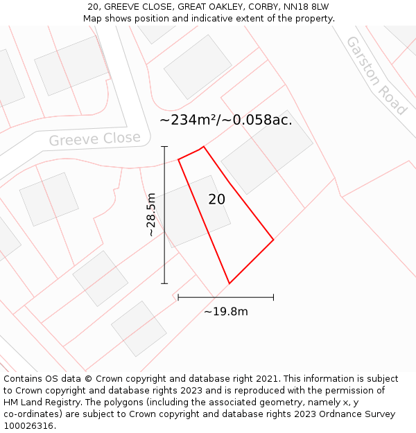 20, GREEVE CLOSE, GREAT OAKLEY, CORBY, NN18 8LW: Plot and title map