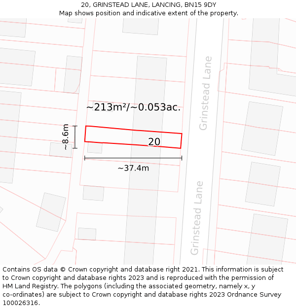 20, GRINSTEAD LANE, LANCING, BN15 9DY: Plot and title map