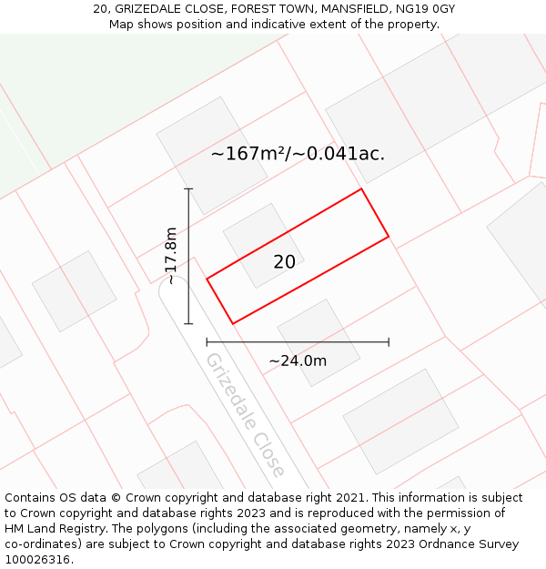 20, GRIZEDALE CLOSE, FOREST TOWN, MANSFIELD, NG19 0GY: Plot and title map