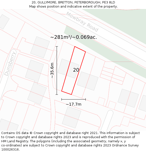 20, GULLYMORE, BRETTON, PETERBOROUGH, PE3 8LD: Plot and title map