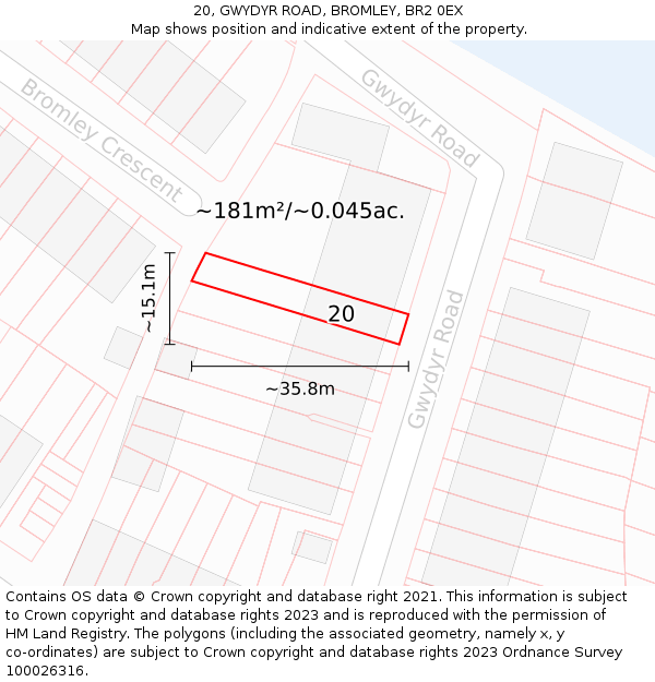 20, GWYDYR ROAD, BROMLEY, BR2 0EX: Plot and title map