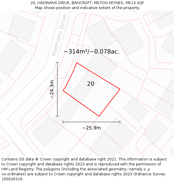 20, HADRIANS DRIVE, BANCROFT, MILTON KEYNES, MK13 0QF: Plot and title map