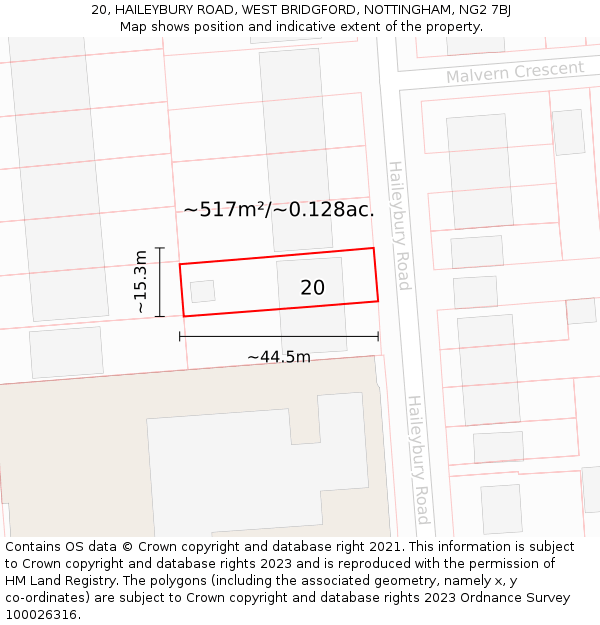 20, HAILEYBURY ROAD, WEST BRIDGFORD, NOTTINGHAM, NG2 7BJ: Plot and title map