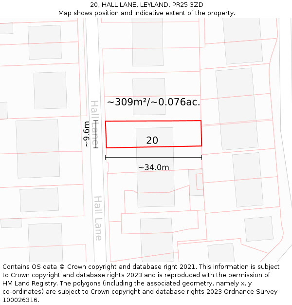 20, HALL LANE, LEYLAND, PR25 3ZD: Plot and title map