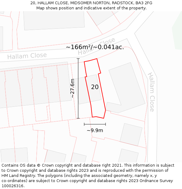 20, HALLAM CLOSE, MIDSOMER NORTON, RADSTOCK, BA3 2FG: Plot and title map