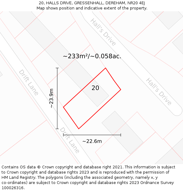 20, HALLS DRIVE, GRESSENHALL, DEREHAM, NR20 4EJ: Plot and title map