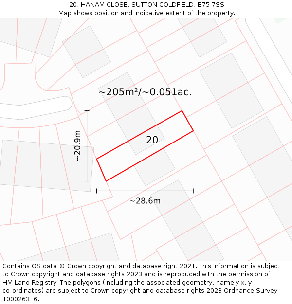 20, HANAM CLOSE, SUTTON COLDFIELD, B75 7SS: Plot and title map