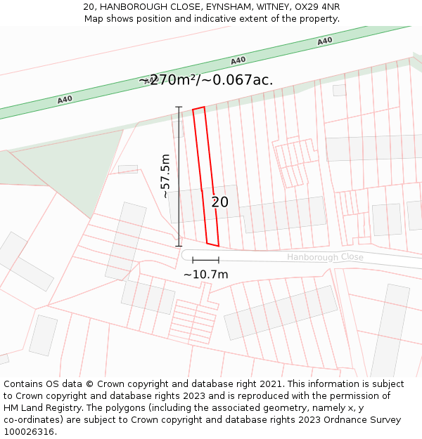 20, HANBOROUGH CLOSE, EYNSHAM, WITNEY, OX29 4NR: Plot and title map