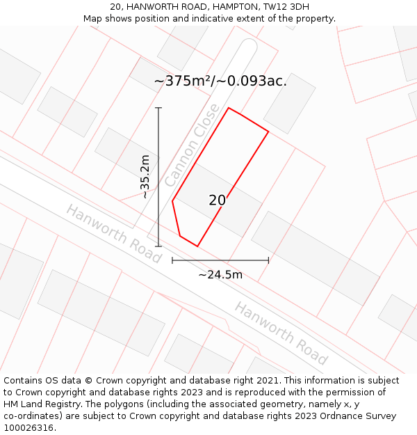 20, HANWORTH ROAD, HAMPTON, TW12 3DH: Plot and title map