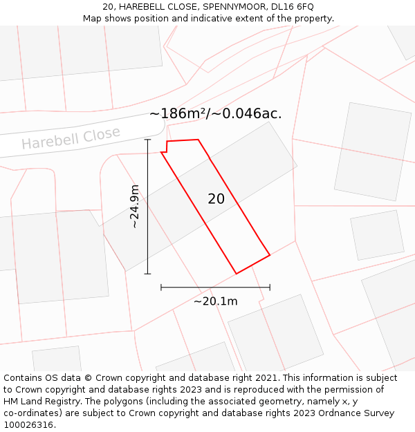 20, HAREBELL CLOSE, SPENNYMOOR, DL16 6FQ: Plot and title map