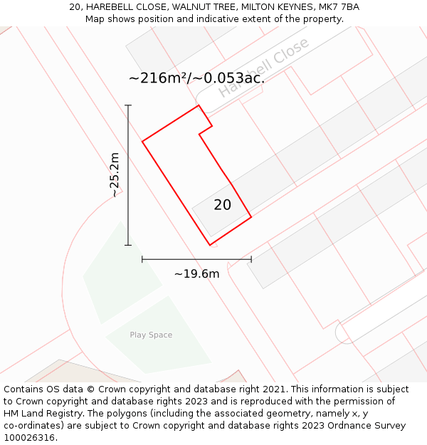 20, HAREBELL CLOSE, WALNUT TREE, MILTON KEYNES, MK7 7BA: Plot and title map