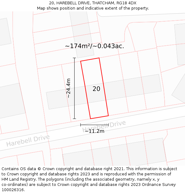 20, HAREBELL DRIVE, THATCHAM, RG18 4DX: Plot and title map