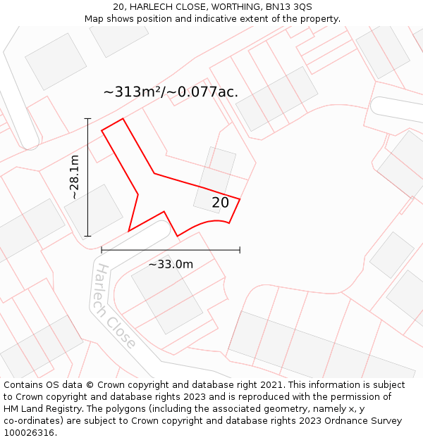 20, HARLECH CLOSE, WORTHING, BN13 3QS: Plot and title map