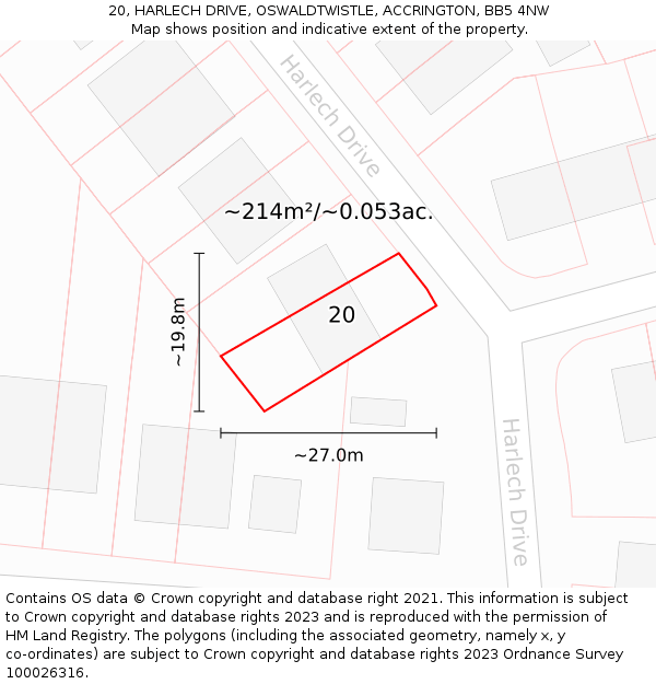 20, HARLECH DRIVE, OSWALDTWISTLE, ACCRINGTON, BB5 4NW: Plot and title map