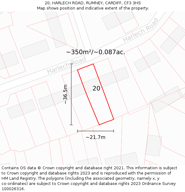 20, HARLECH ROAD, RUMNEY, CARDIFF, CF3 3HS: Plot and title map