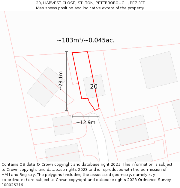 20, HARVEST CLOSE, STILTON, PETERBOROUGH, PE7 3FF: Plot and title map