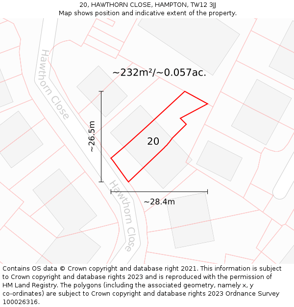 20, HAWTHORN CLOSE, HAMPTON, TW12 3JJ: Plot and title map