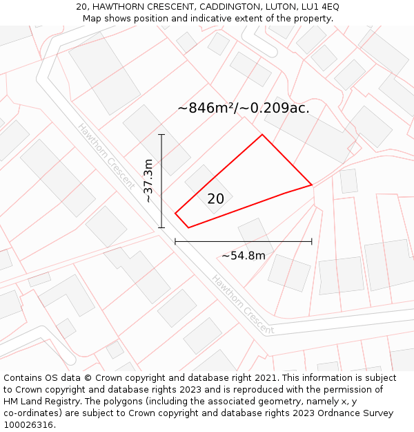 20, HAWTHORN CRESCENT, CADDINGTON, LUTON, LU1 4EQ: Plot and title map