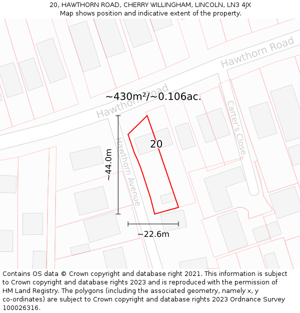 20, HAWTHORN ROAD, CHERRY WILLINGHAM, LINCOLN, LN3 4JX: Plot and title map