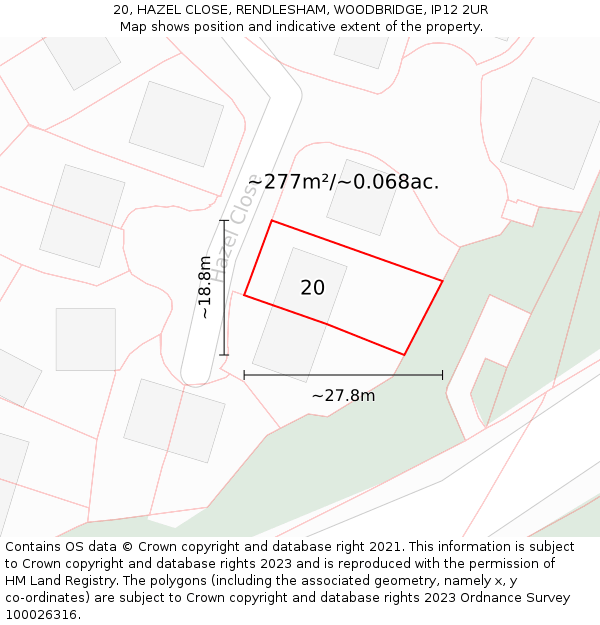 20, HAZEL CLOSE, RENDLESHAM, WOODBRIDGE, IP12 2UR: Plot and title map