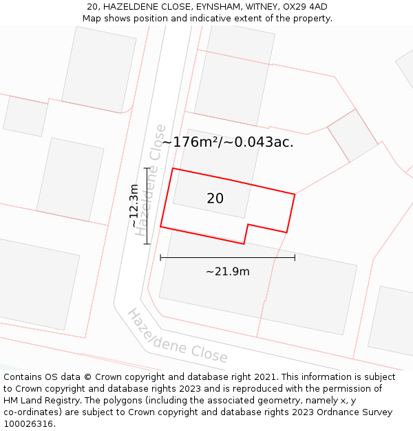 20, HAZELDENE CLOSE, EYNSHAM, WITNEY, OX29 4AD: Plot and title map