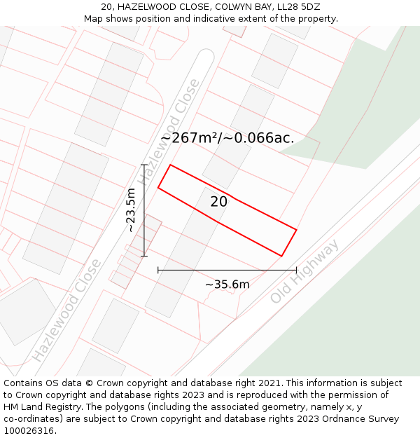 20, HAZELWOOD CLOSE, COLWYN BAY, LL28 5DZ: Plot and title map