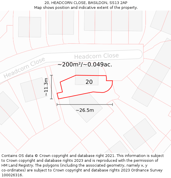 20, HEADCORN CLOSE, BASILDON, SS13 2AP: Plot and title map