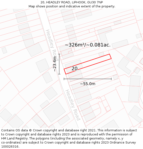 20, HEADLEY ROAD, LIPHOOK, GU30 7NP: Plot and title map