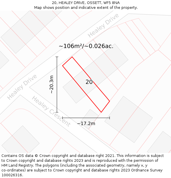 20, HEALEY DRIVE, OSSETT, WF5 8NA: Plot and title map
