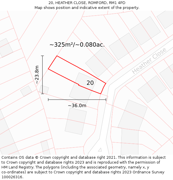 20, HEATHER CLOSE, ROMFORD, RM1 4PD: Plot and title map