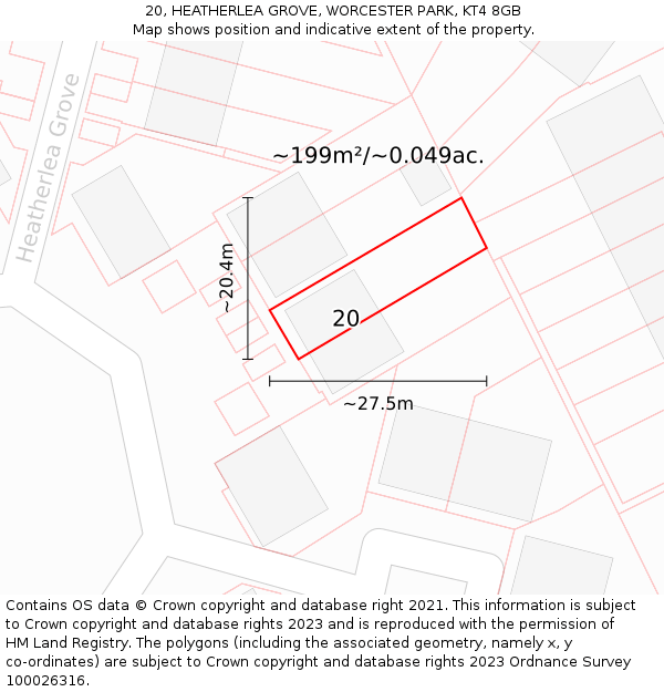 20, HEATHERLEA GROVE, WORCESTER PARK, KT4 8GB: Plot and title map