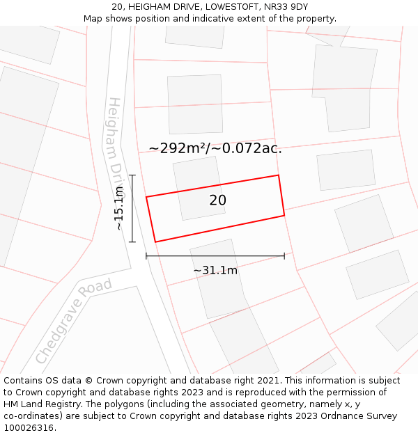 20, HEIGHAM DRIVE, LOWESTOFT, NR33 9DY: Plot and title map