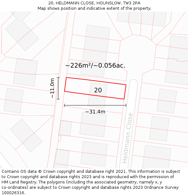 20, HELDMANN CLOSE, HOUNSLOW, TW3 2PA: Plot and title map