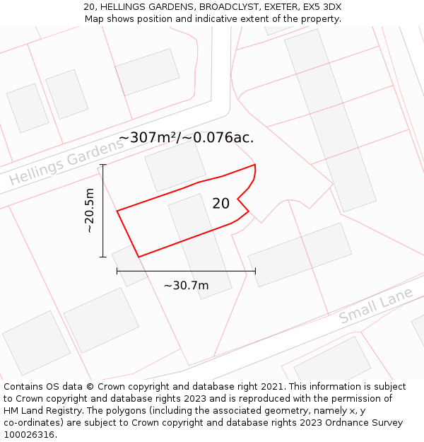 20, HELLINGS GARDENS, BROADCLYST, EXETER, EX5 3DX: Plot and title map