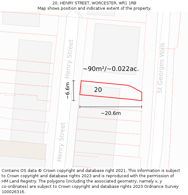 20, HENRY STREET, WORCESTER, WR1 1RB: Plot and title map