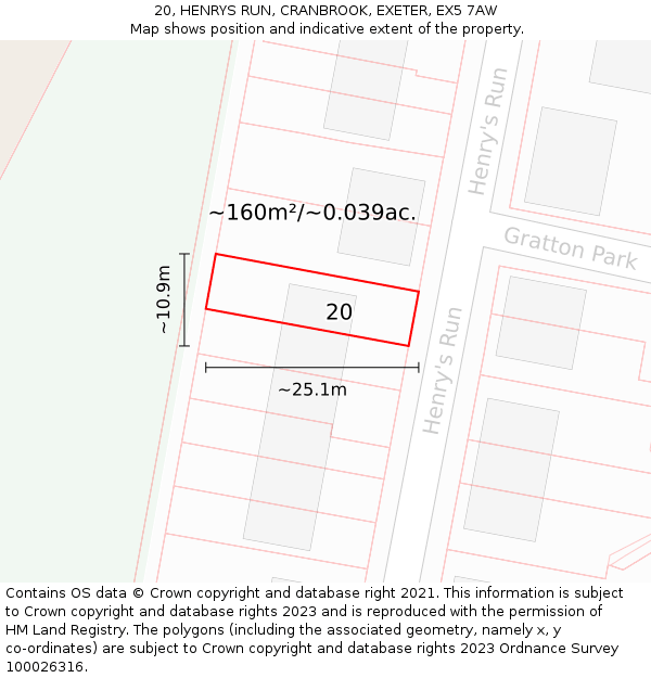 20, HENRYS RUN, CRANBROOK, EXETER, EX5 7AW: Plot and title map