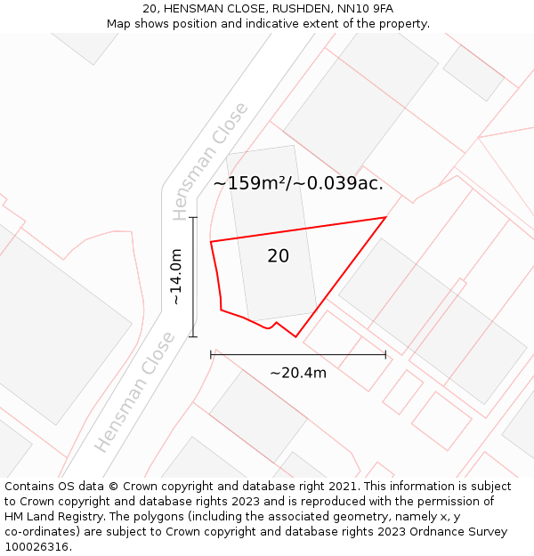 20, HENSMAN CLOSE, RUSHDEN, NN10 9FA: Plot and title map