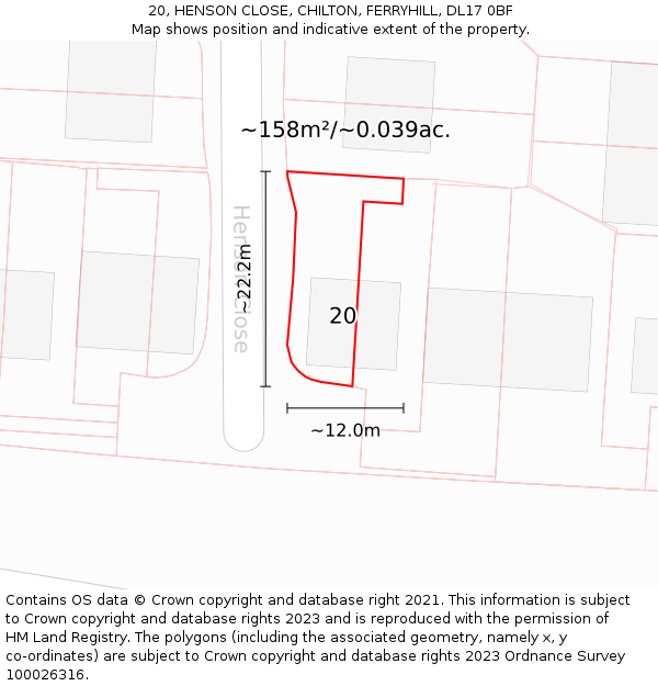 20, HENSON CLOSE, CHILTON, FERRYHILL, DL17 0BF: Plot and title map