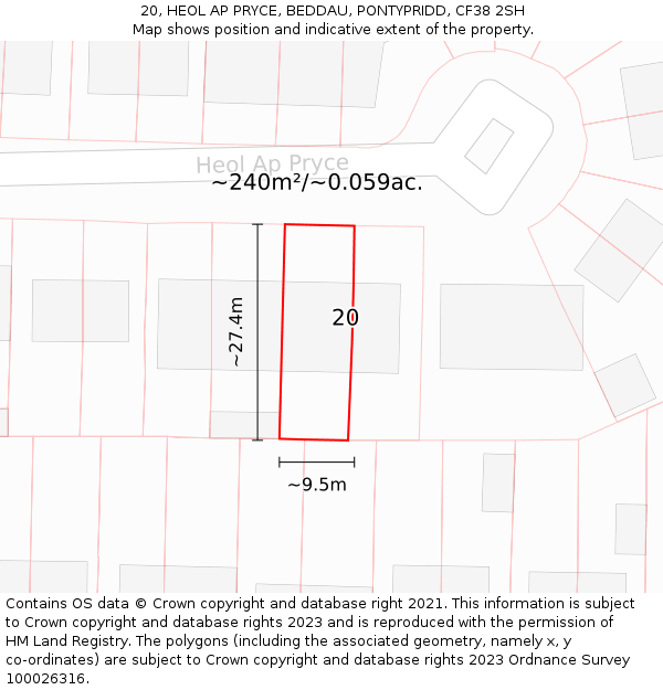 20, HEOL AP PRYCE, BEDDAU, PONTYPRIDD, CF38 2SH: Plot and title map