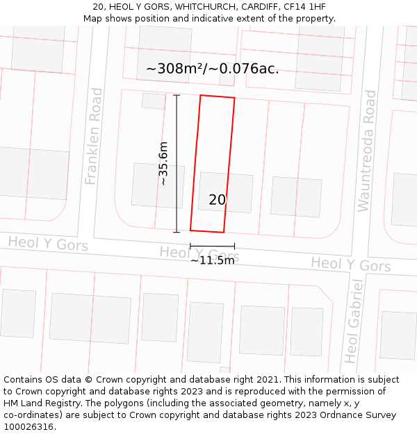 20, HEOL Y GORS, WHITCHURCH, CARDIFF, CF14 1HF: Plot and title map