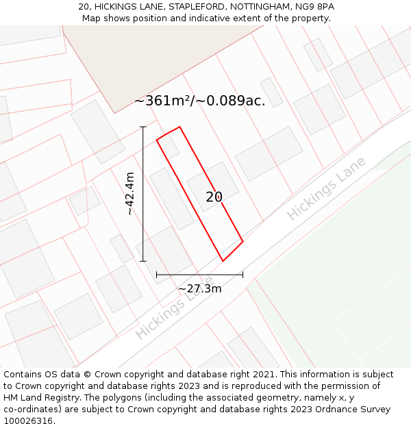 20, HICKINGS LANE, STAPLEFORD, NOTTINGHAM, NG9 8PA: Plot and title map