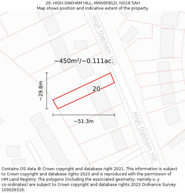 20, HIGH OAKHAM HILL, MANSFIELD, NG18 5AH: Plot and title map