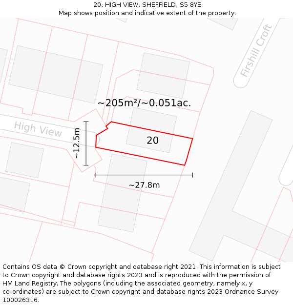 20, HIGH VIEW, SHEFFIELD, S5 8YE: Plot and title map