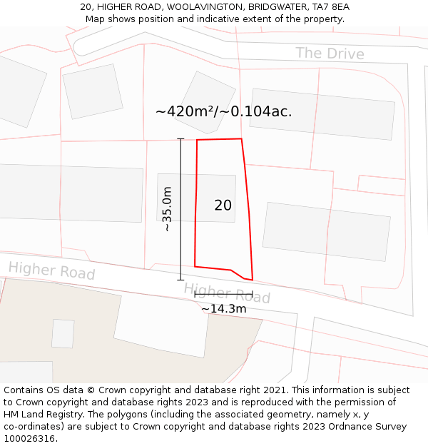 20, HIGHER ROAD, WOOLAVINGTON, BRIDGWATER, TA7 8EA: Plot and title map